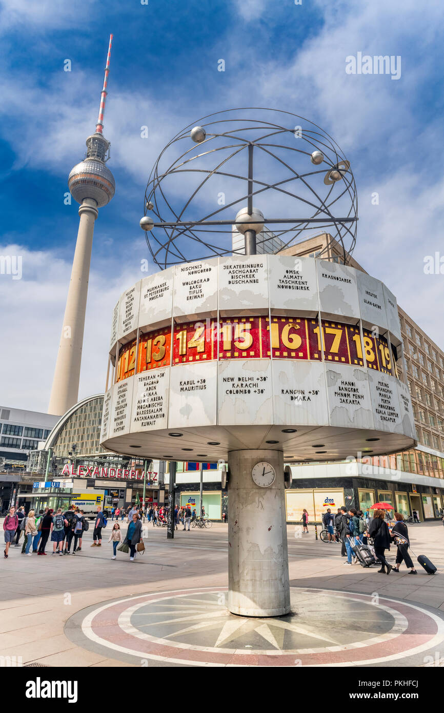 The World Clock, also known as the Urania World Clock, is located in the public square of Alexanderplatz in Mitte, Berlin, Germany. Stock Photo