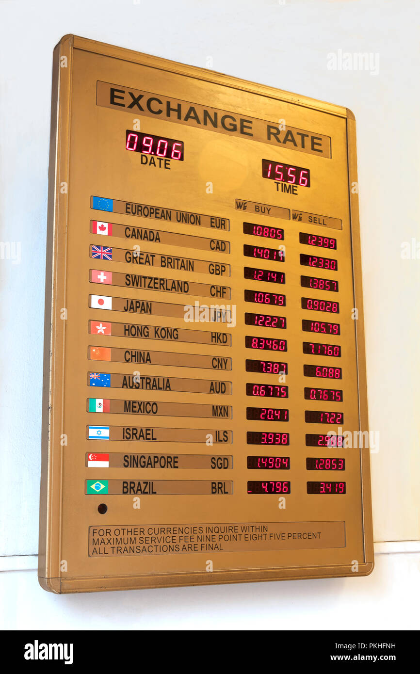 Currency Exchange Rate Board in New York City, New York, USA. Stock Photo