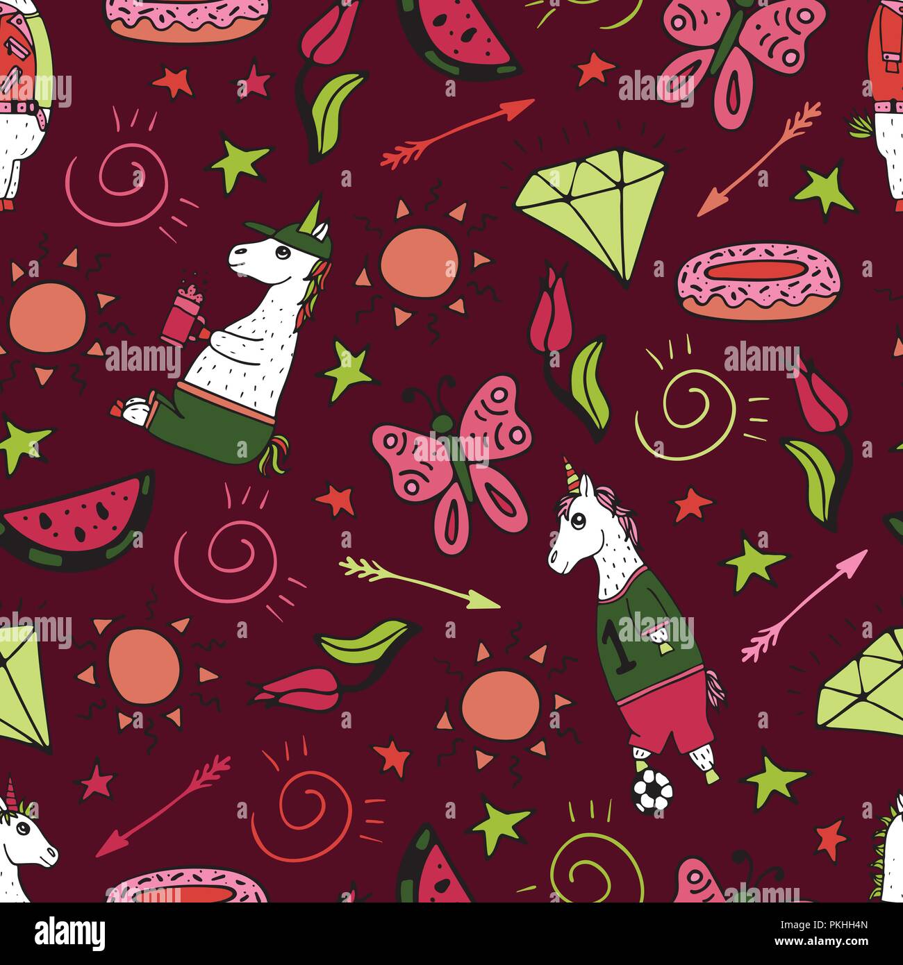 Lovely seamless pattern with hand-drawn unicorns and cute doodles Stock ...