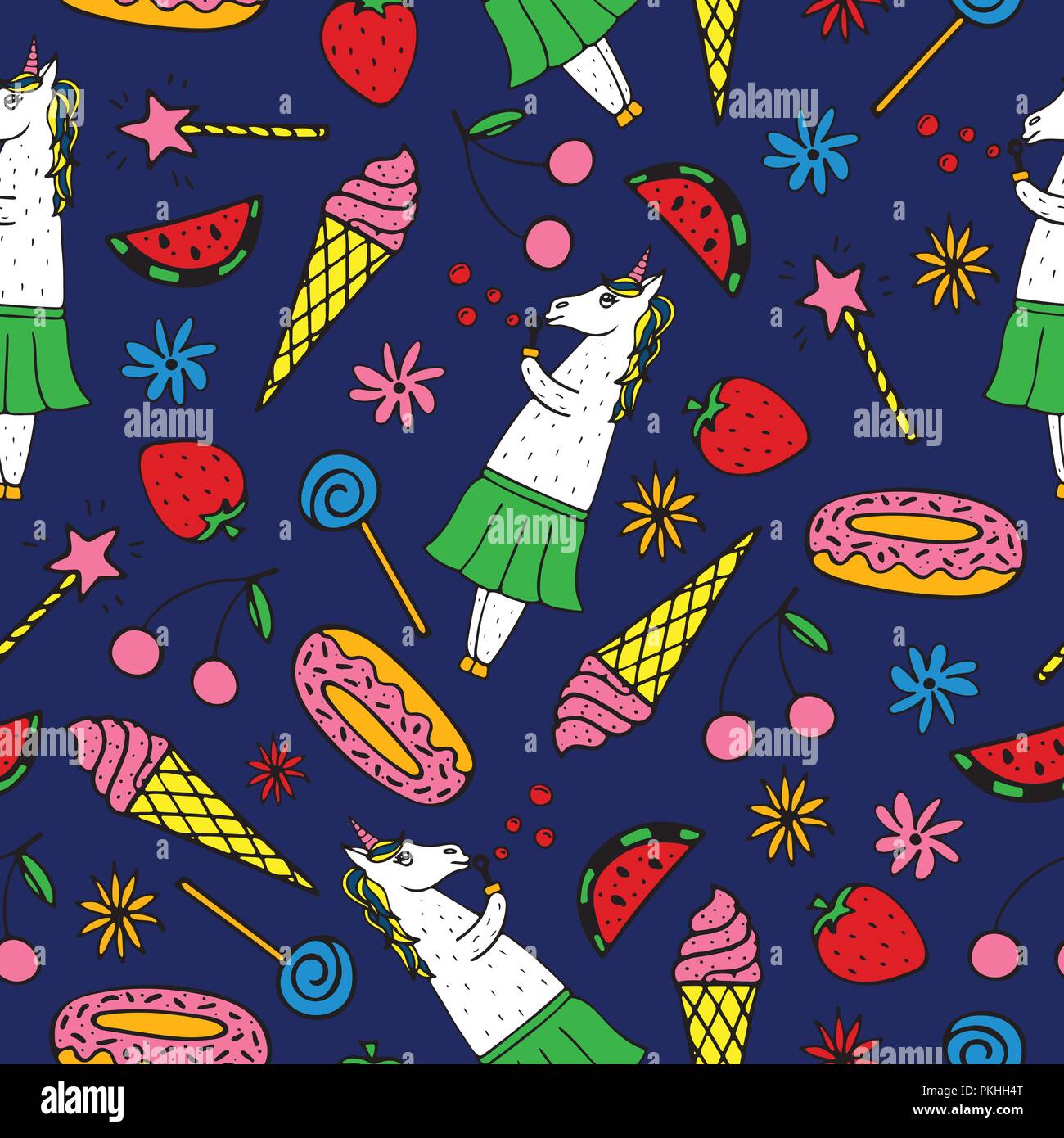 Lovely seamless pattern with hand-drawn unicorns and cute doodles Stock ...