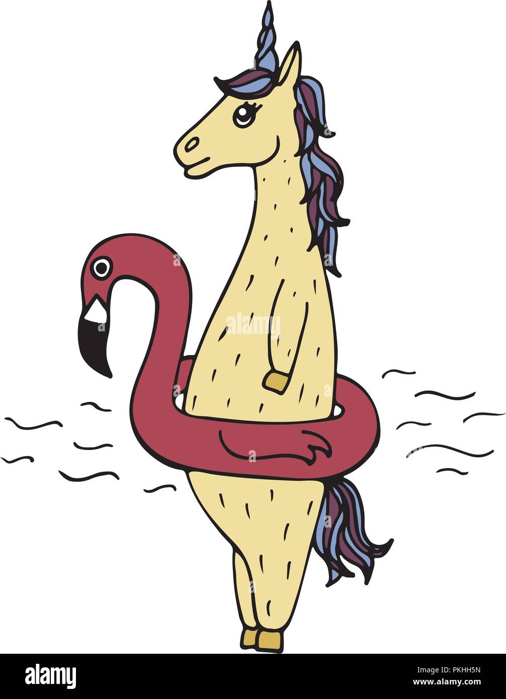 Lovely hand-drawn unicorn floating in an inflatable circle flamingo ...