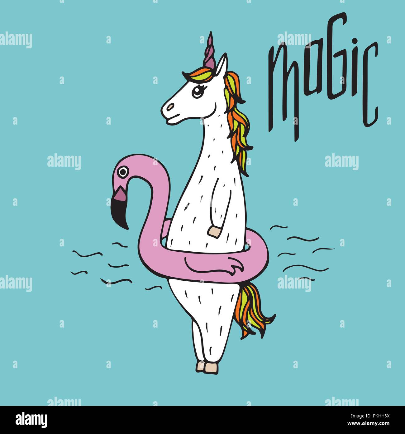 Lovely hand-drawn unicorn floating in an inflatable circle flamingo ...
