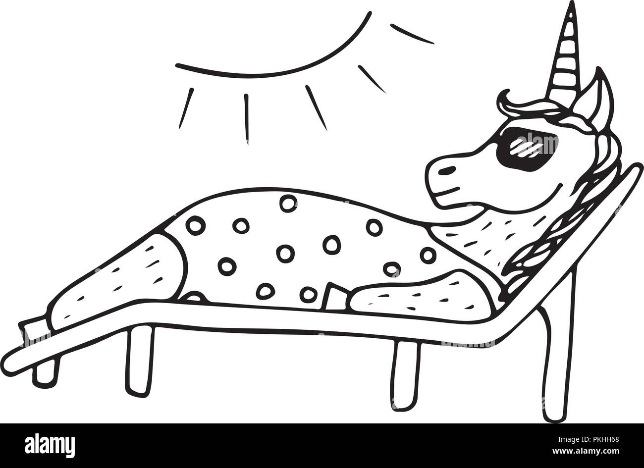Lovely hand-drawn unicorn-girl sunbathing on a plank bed. Stock Vector