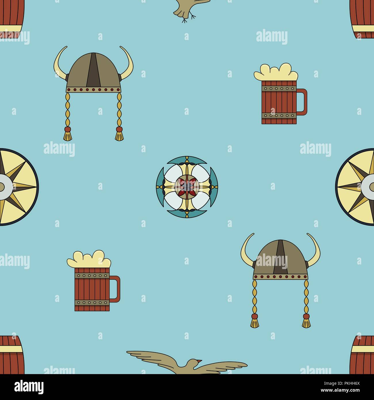 Cute vector seamless pattern about vikings life. Stock Vector