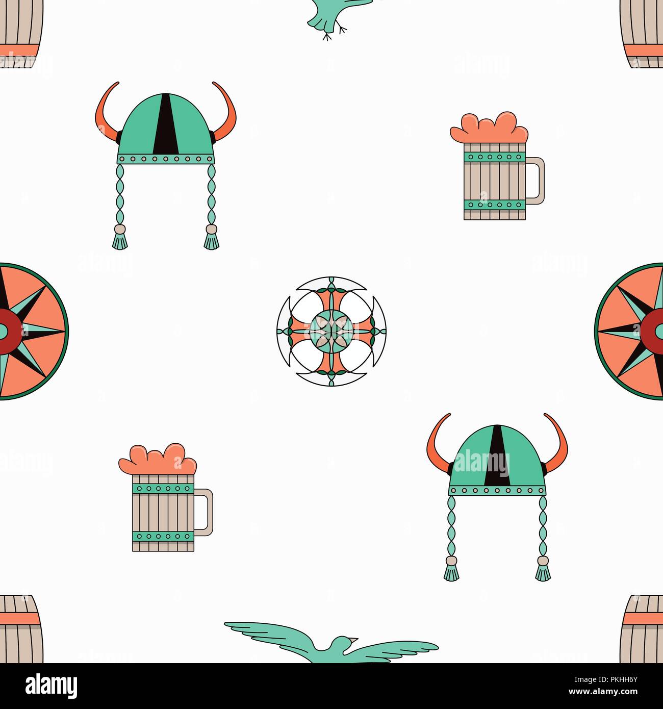 Bright vector seamless pattern about vikings life. Stock Vector