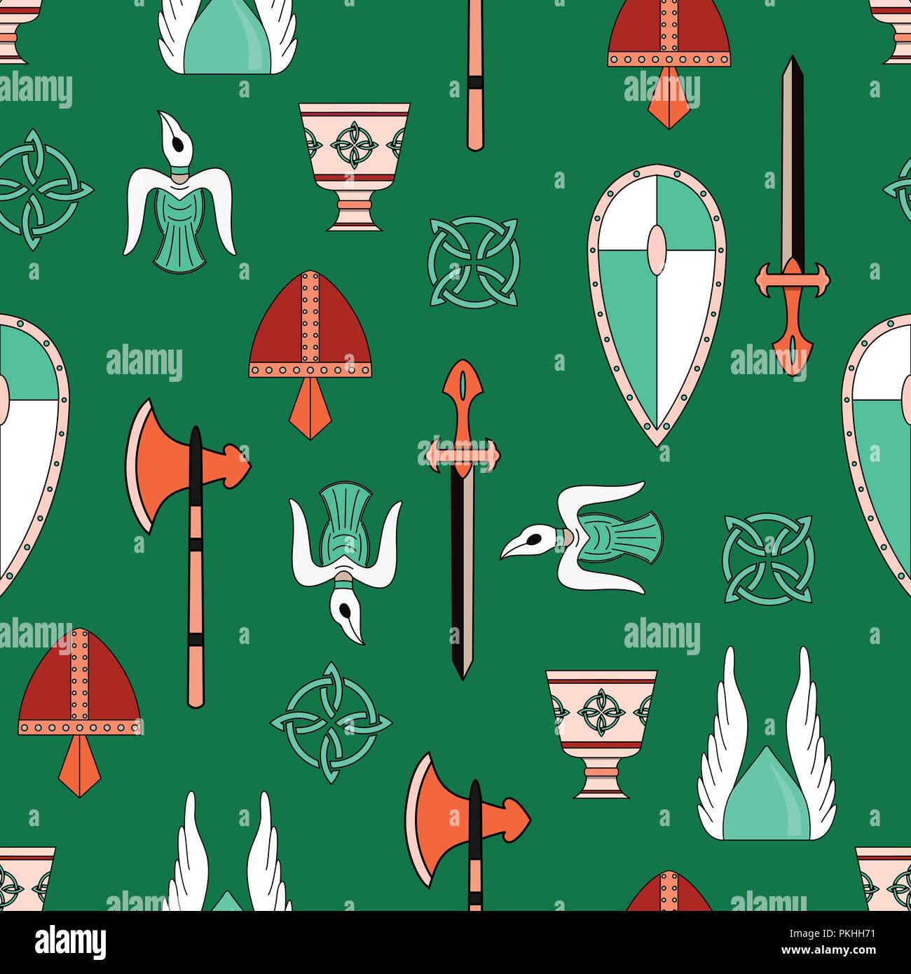 Bright vector seamless pattern about vikings life. Stock Vector