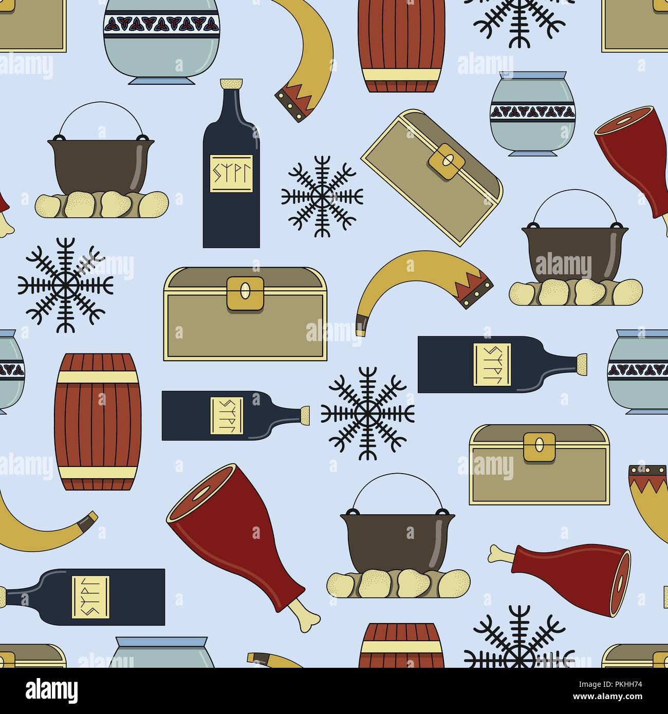 Cute vector seamless pattern about vikings life. Stock Vector