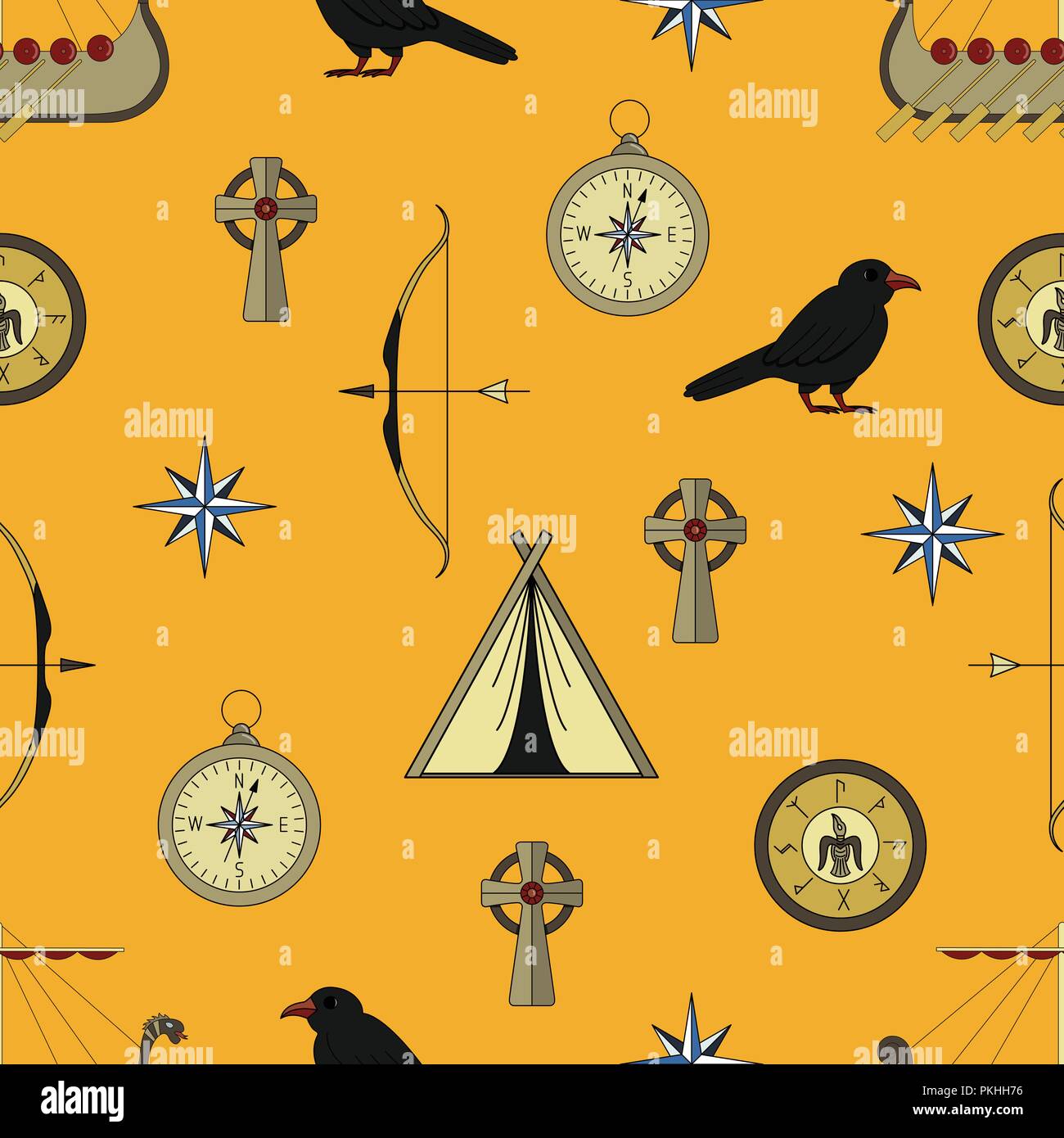 Cute vector seamless pattern about vikings life. Stock Vector