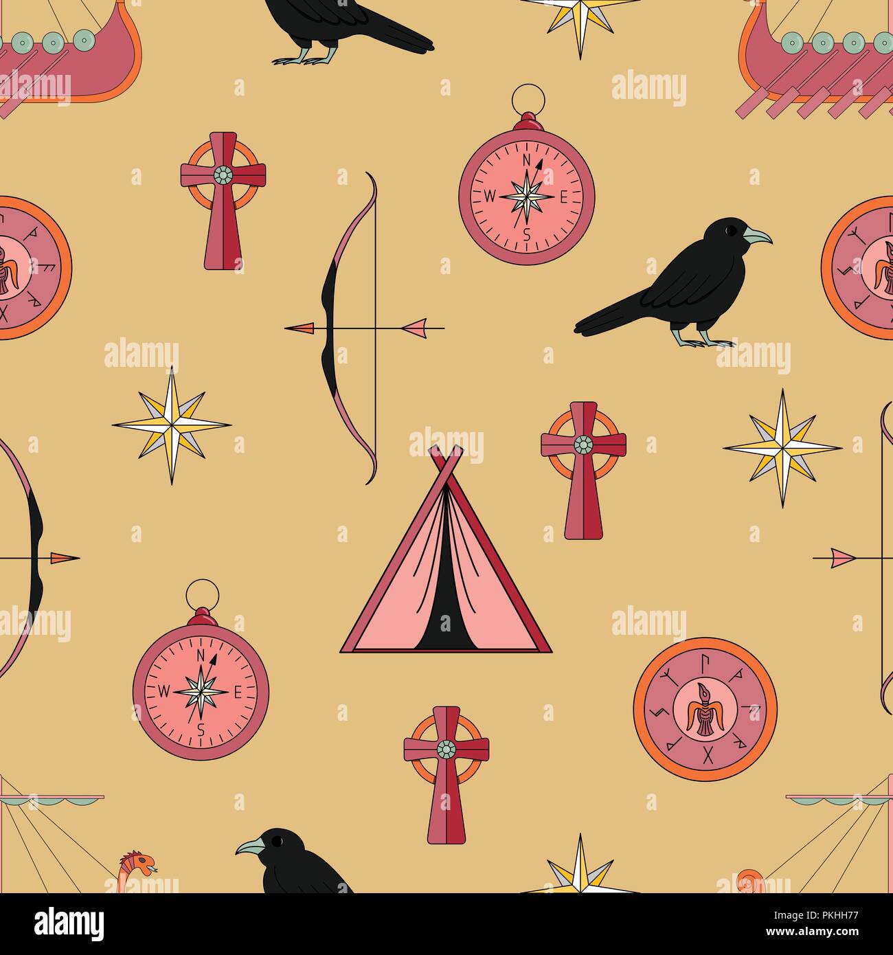 Bright vector seamless pattern about vikings life. Stock Vector