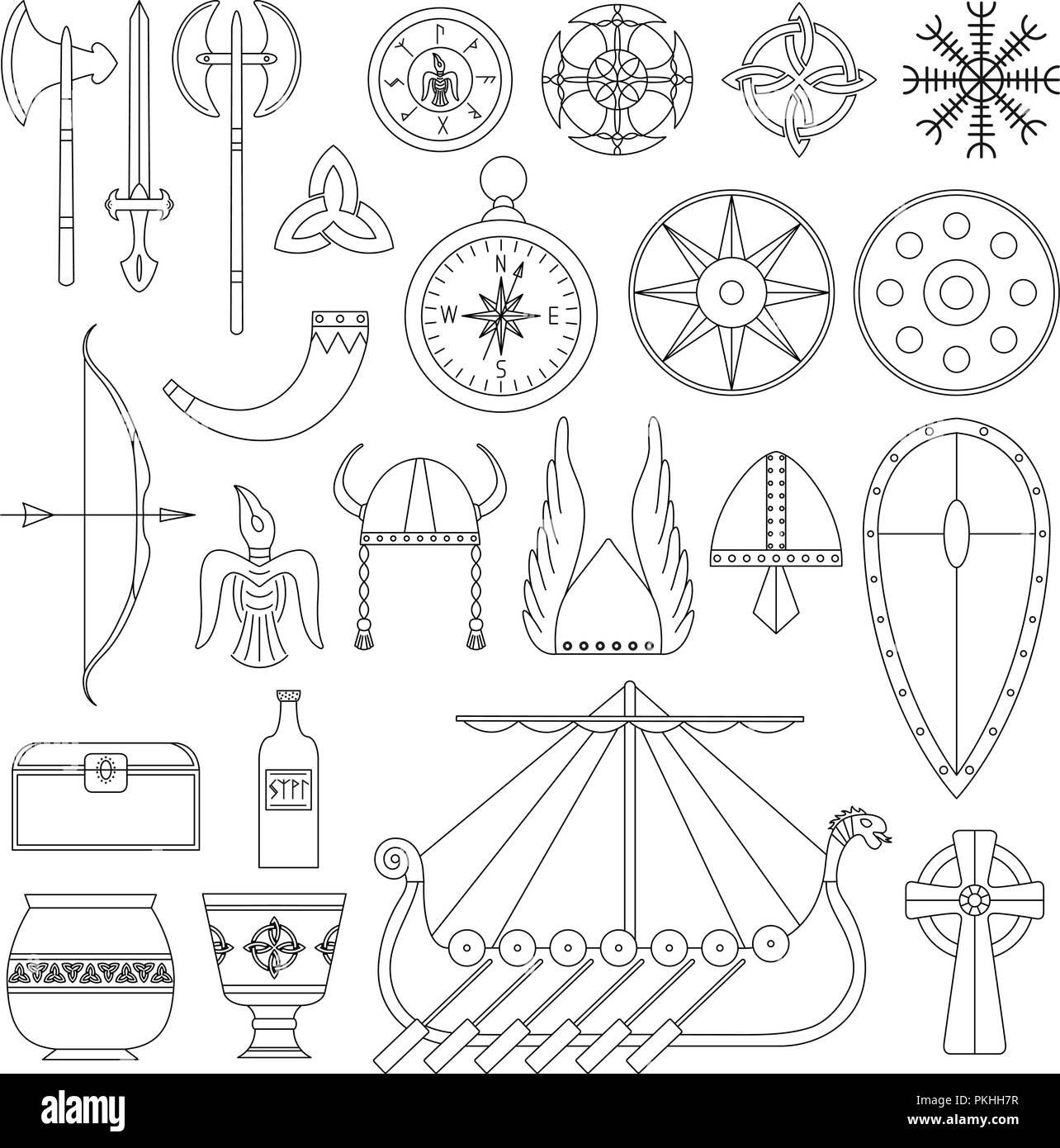 Set of black-and-white vector illustrations for the design of Viking's life. Stock Vector