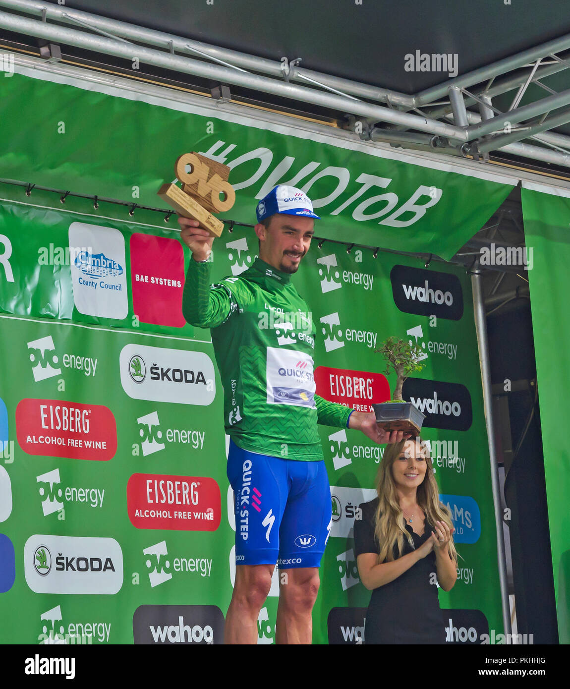 Tour of Britain Stage 6. Julian Alaphilippe (Quick Step Floors) becomes race leader and wears the green jersey on the podium at Whinlatter 7-9-18. Stock Photo