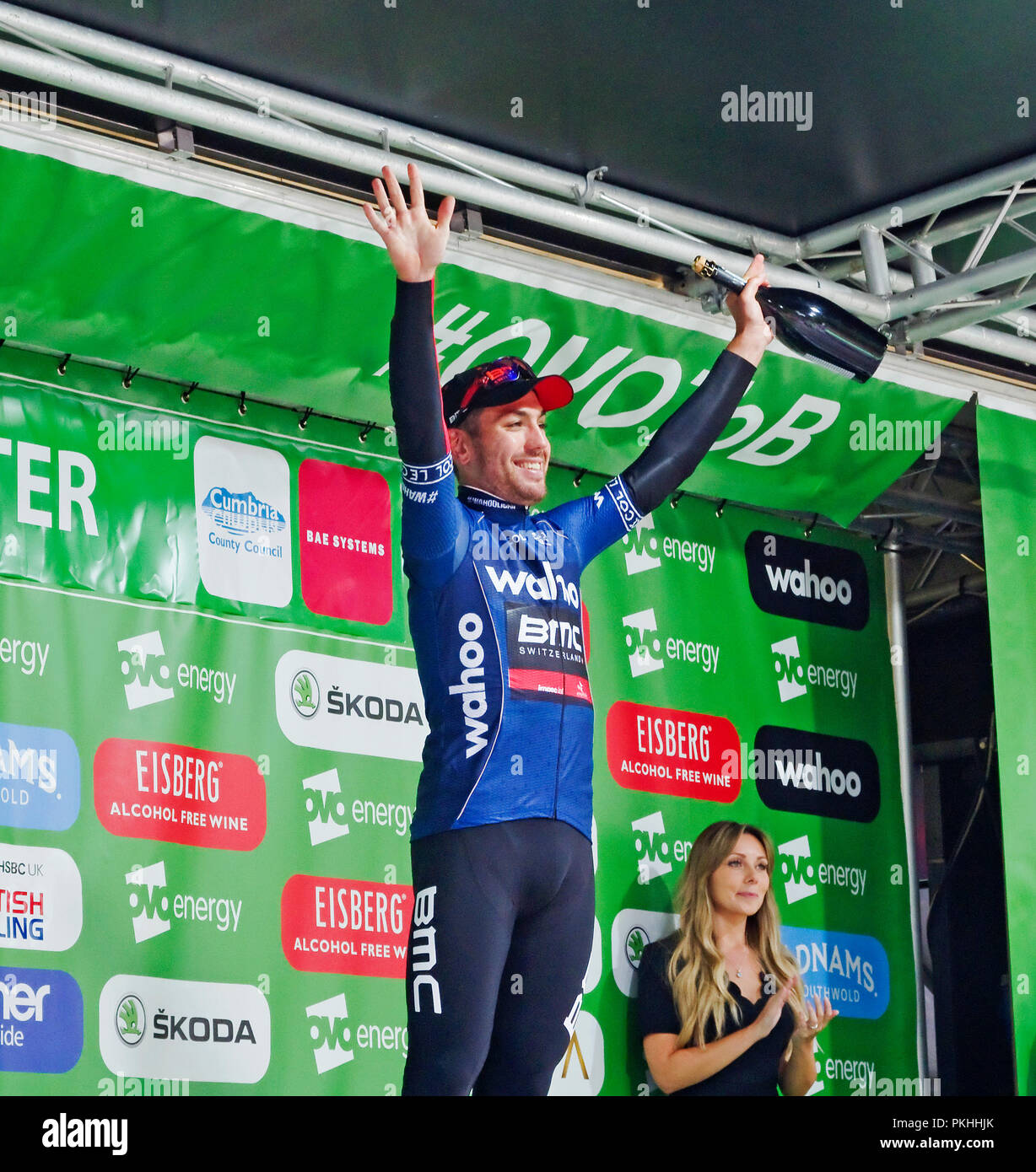 Patrick Bevin riding for BMC wearing the points classification jersey on the podium at Whinlatter, Stage 6 Cycling Tour of Britain 7 September 2018. Stock Photo