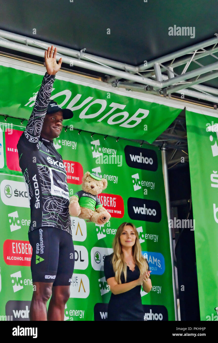 Nicholas Dlamini of Team Dimension Data wearing King of the Mountains jersey on the podium at Whinlatter, Stage 6 Tour of Britain 7 September 2018. Stock Photo