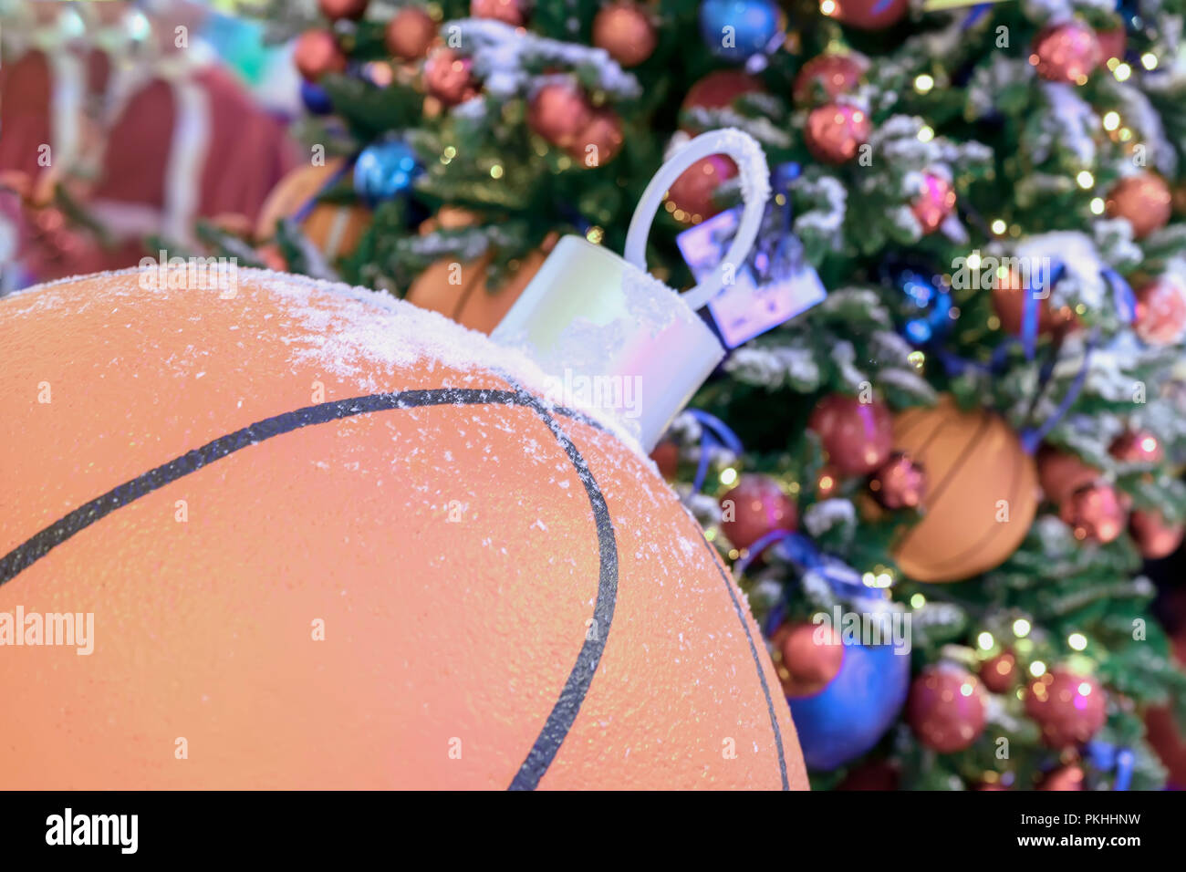 Christmas decoration with a basketball ball closeup and decorated