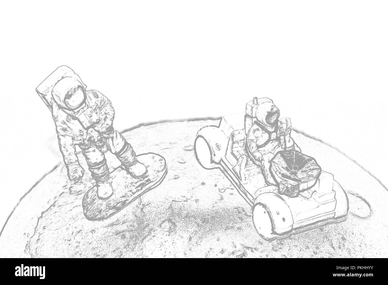 Two astronauts on the moon rover on the moon. Illustration Stock Photo