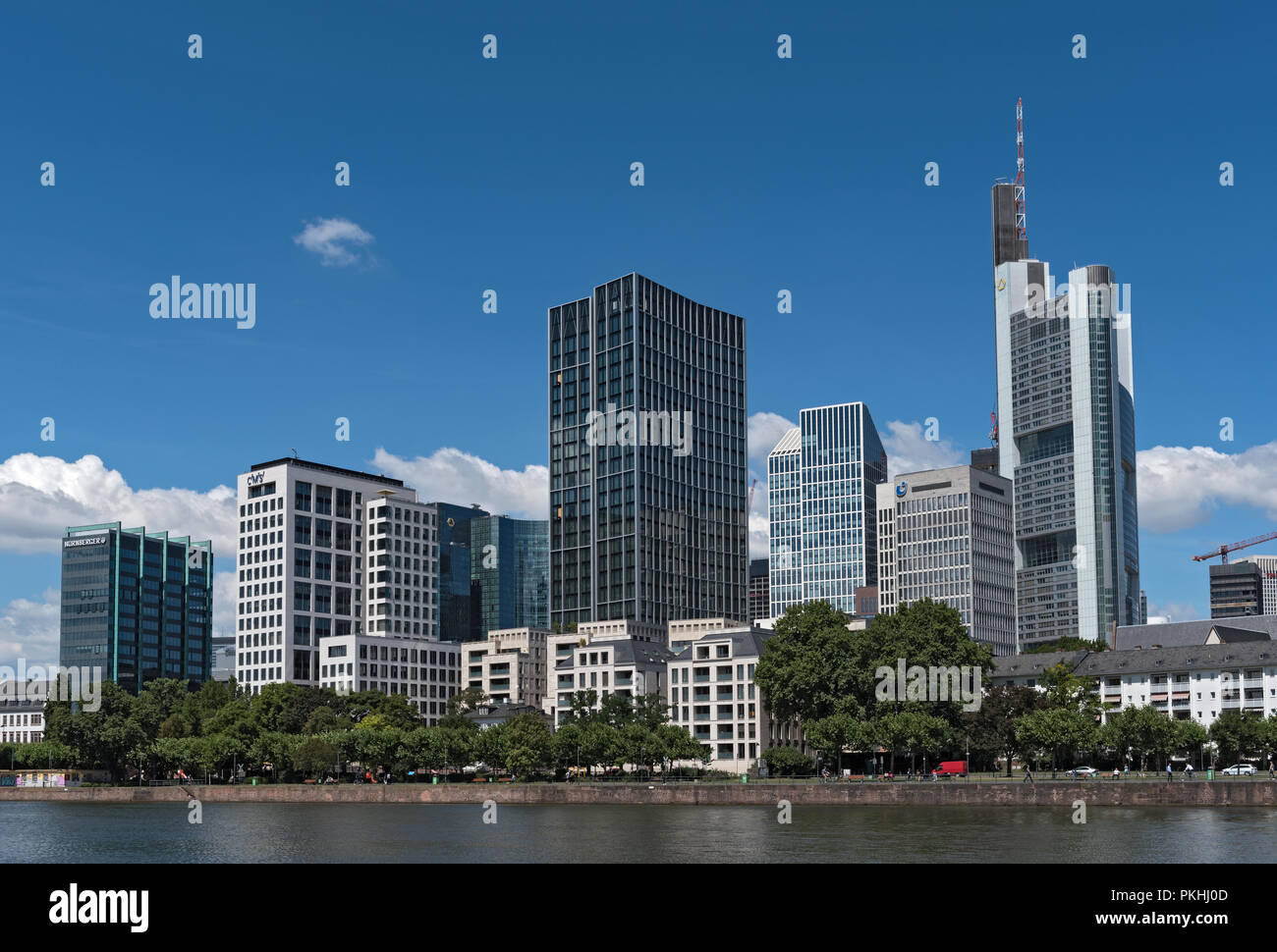 view on the financial district with main river in frankfurt city, hesse, germany. Stock Photo