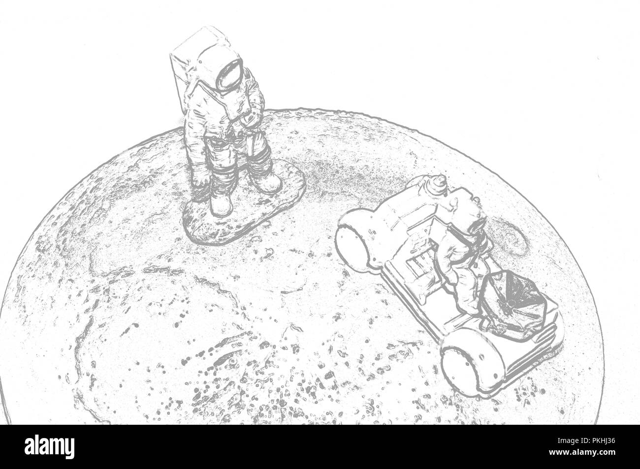 Two astronauts on the moon rover on the moon. Illustration Stock Photo
