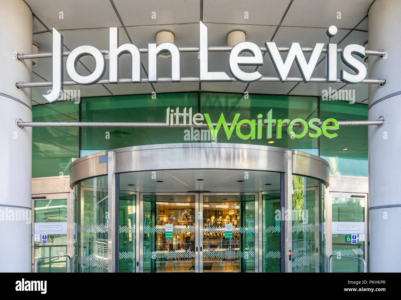 Entrance to a John Lewis department store with a Little Waitrose store inside, 2018, England, UK Stock Photo