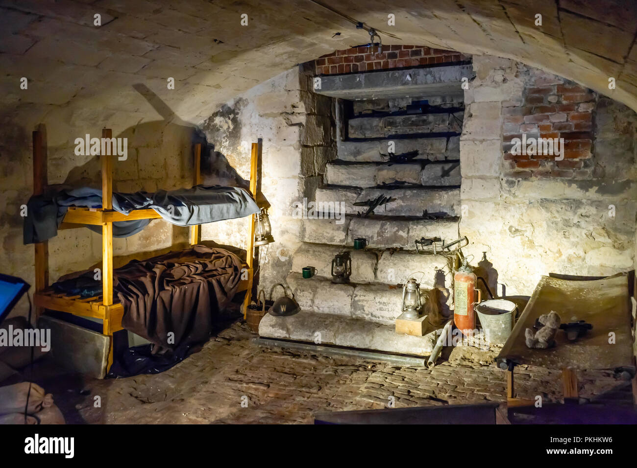 Second World War (WW2) 1940s air raid shelter or bomb shelter on display at the historicTudor House Museum in Southampton, England, UK Stock Photo