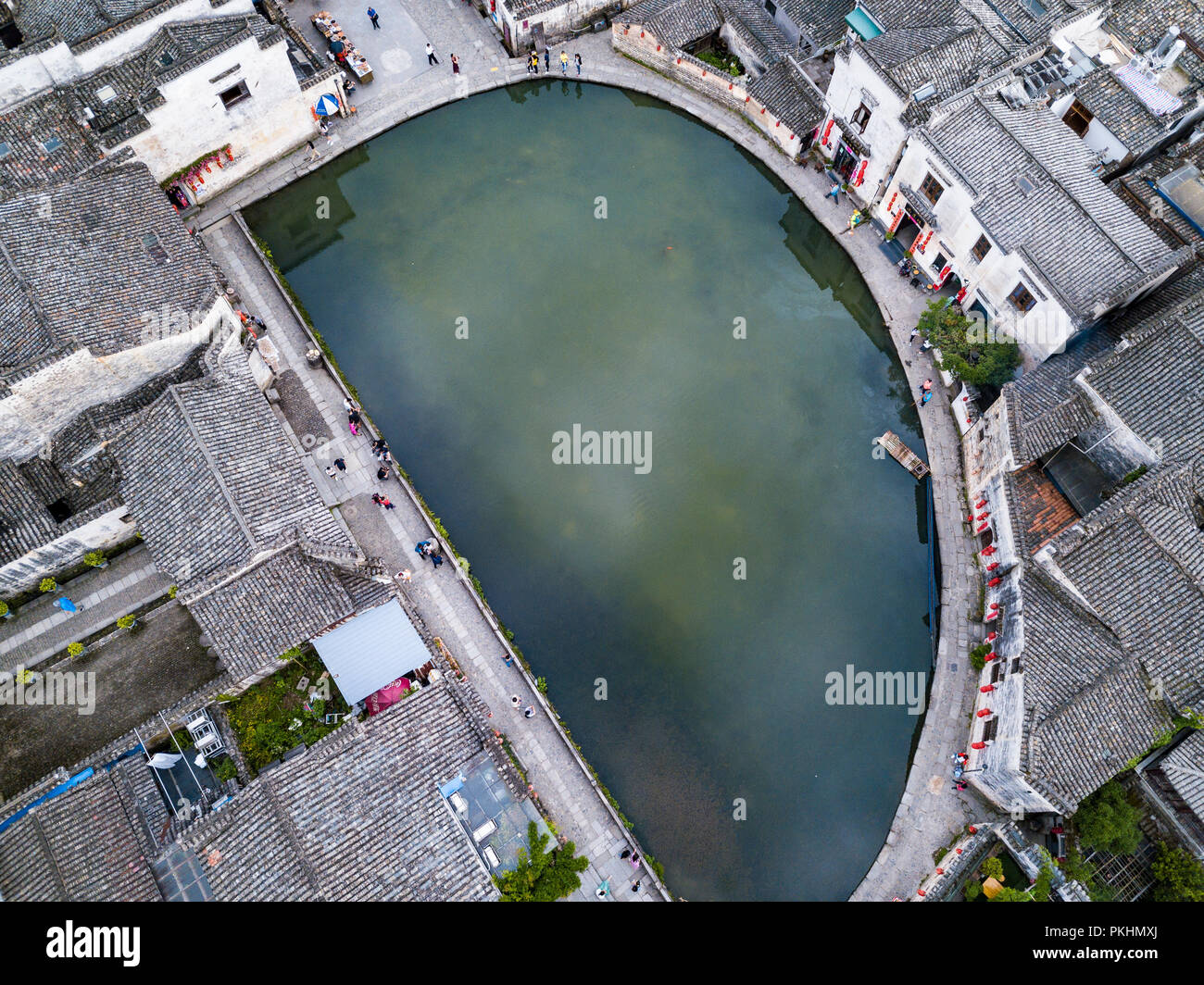Aerial view of Crescent Lake and its surrounding house at the Hongcun Village in Huangshan, Anhui Province Stock Photo
