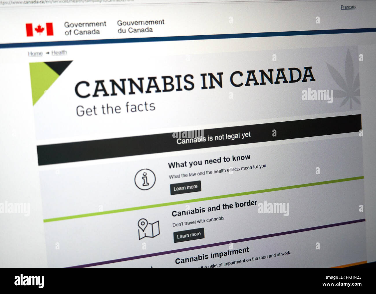 MONTREAL, CANADA - SEPTEMBER 13, 2018: Official web page on Government of Canada site about cannabis legalization. Marijuana to be legal in Canada sta Stock Photo