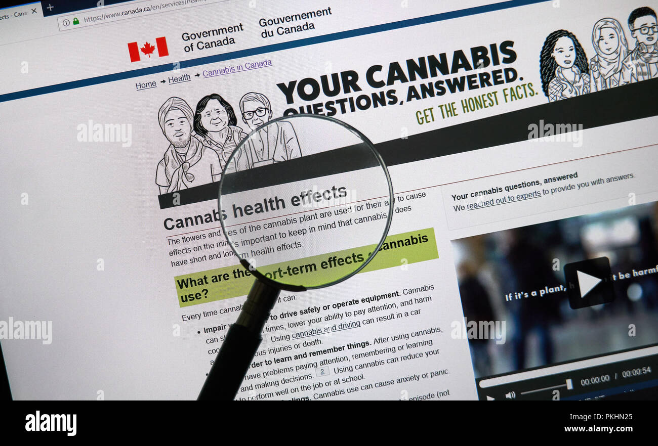 MONTREAL, CANADA - SEPTEMBER 13, 2018: Official web page on Government of Canada site about cannabis legalization. Marijuana to be legal in Canada sta Stock Photo