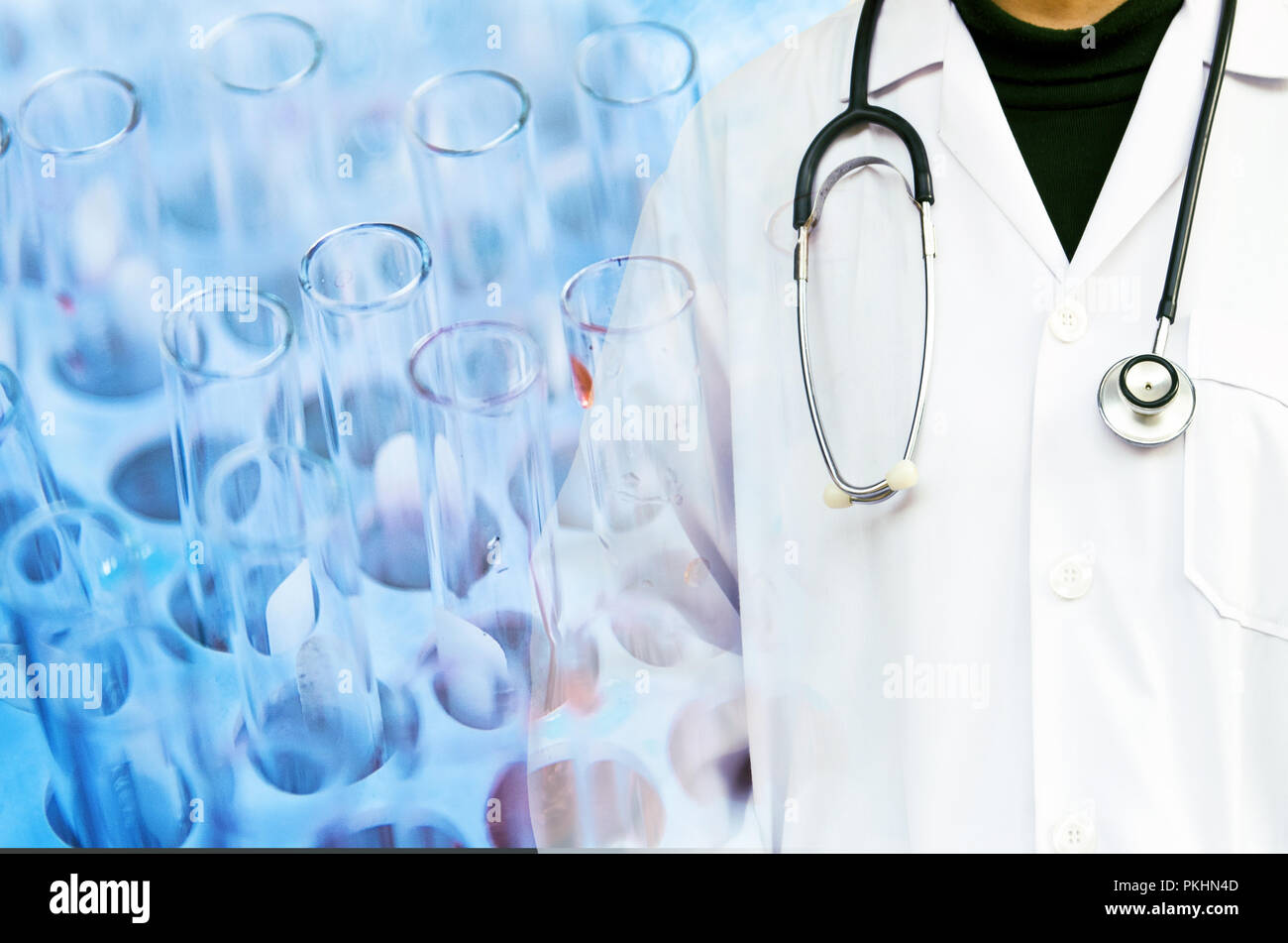 Doctor with stethoscope on Lab science research glass items several