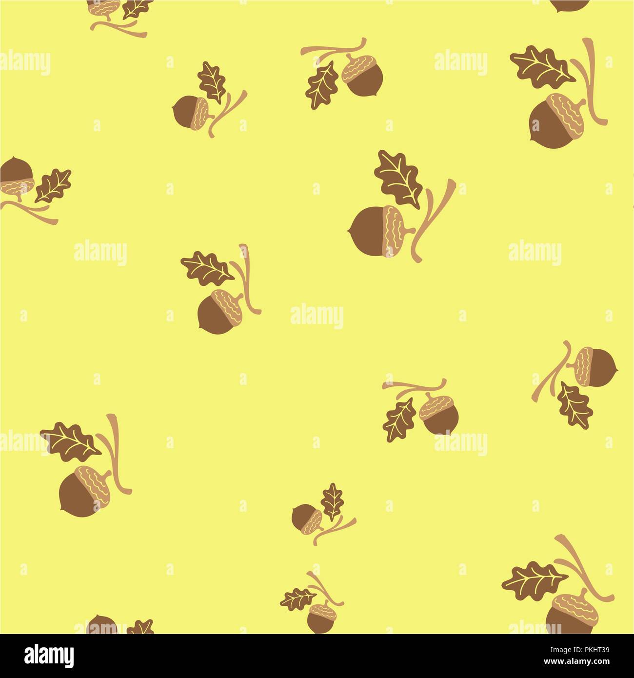 Acorn and leaf oak branch seamless pattern. Vector illustration. Yellow background. Stock Vector