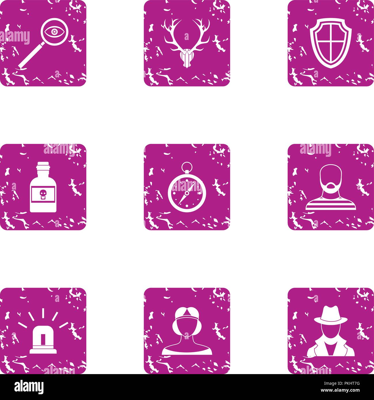 Detective icons set, grunge style Stock Vector