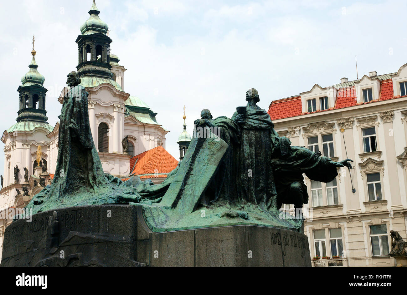 Czech Republic. Prague.  Old Town Square. Jan Hus Memorial, reformer and redecessor to Protestatism (1369-1415). Sculptural group designed by Ladislav Saloun (1870-1946), 1901-1915. Art Nouveau period. Stock Photo