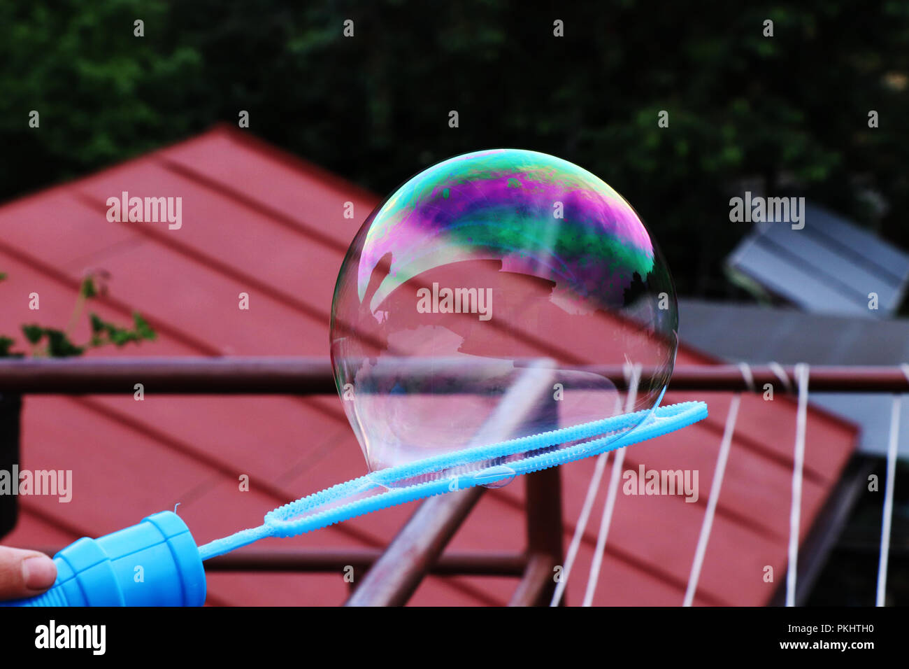 A colourful bubble attaching on bubble blower use as decoration. On the