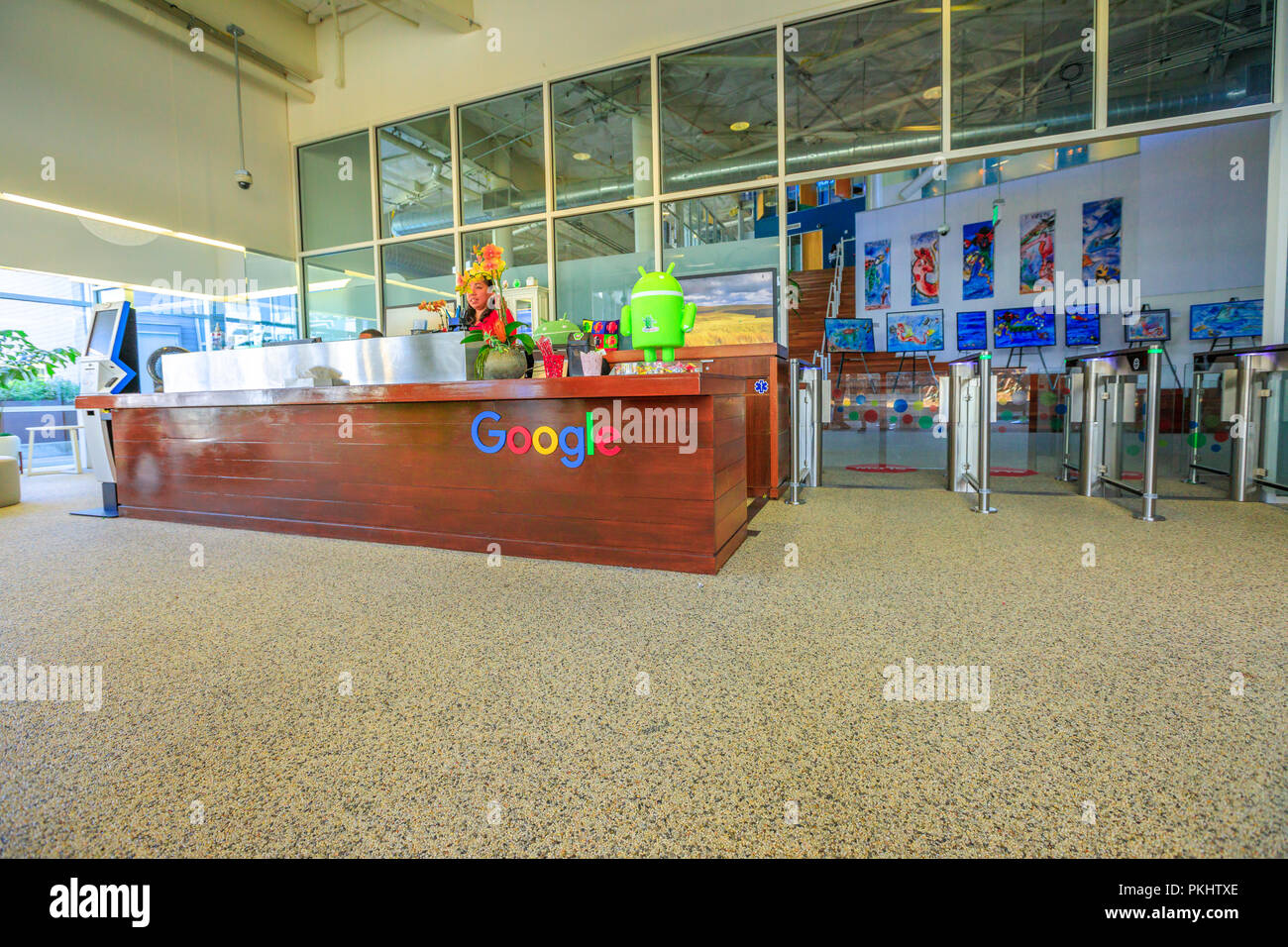 Mountain View, California, USA - August 13, 2018: interior of Google campus headquarters. Google technology company leader in internet services, online advertising, search engine, cloud computing. Stock Photo