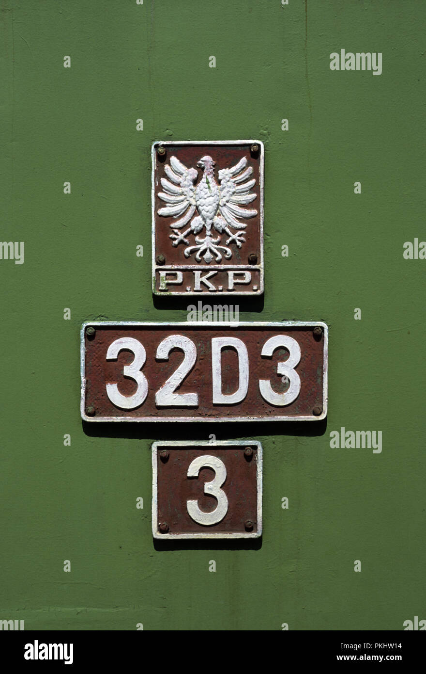 Emblem of Polish PKP Polish National Railways on a train at PKP Railway Museum in Warsaw Poland Stock Photo