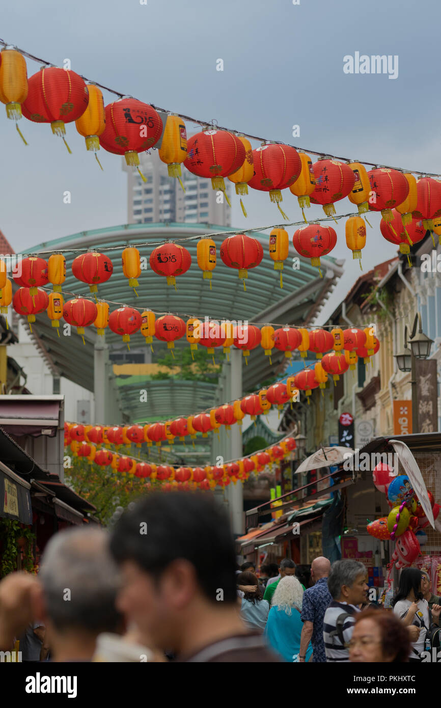 Singapore - February 08 2018: Festive Chinese New Year Decorations on the streets in Chinatown Stock Photo