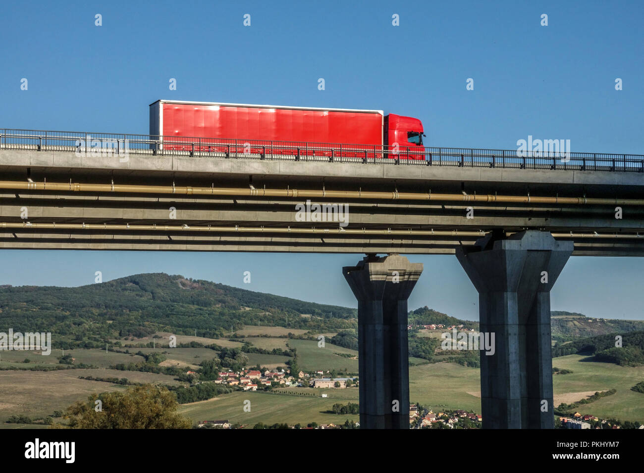 Truck on road, Highway Bridge near Prackovice, the D8 motorway runs ...