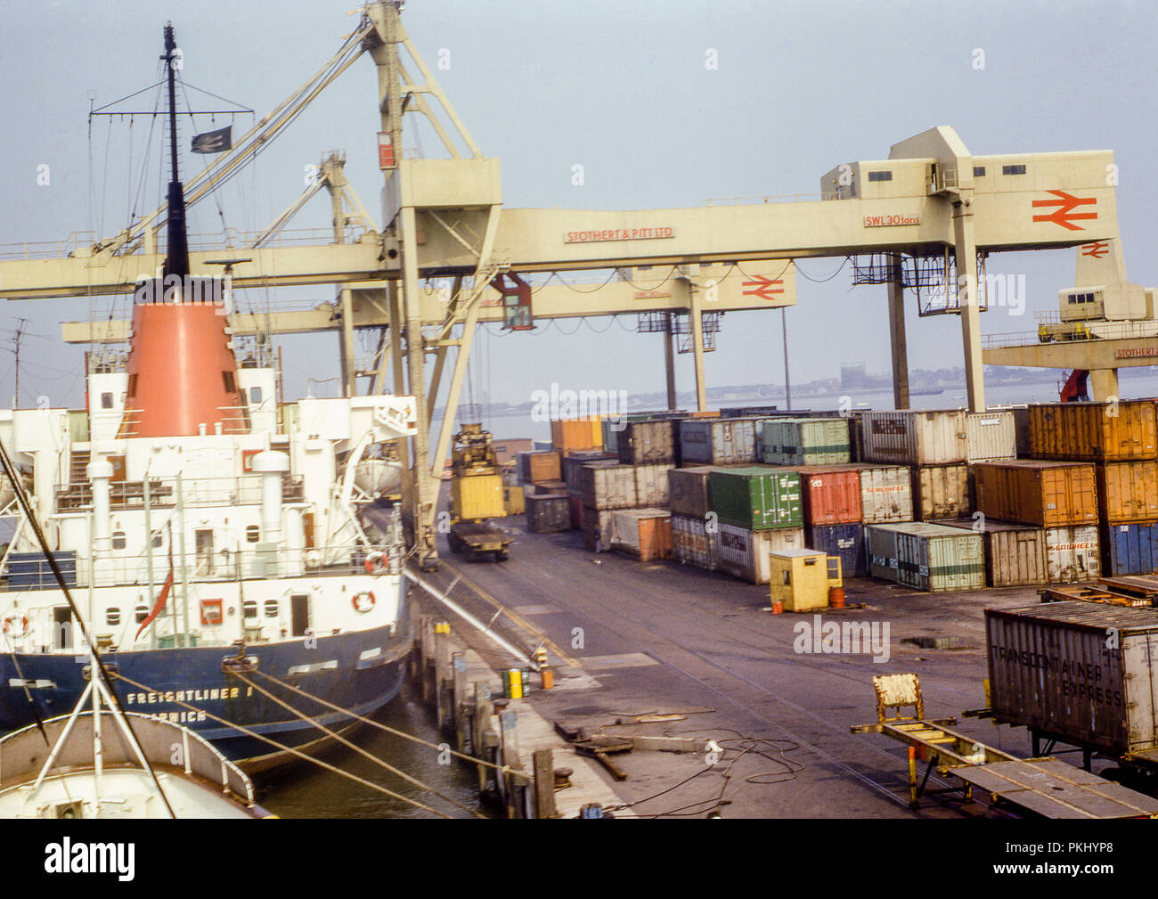 Parkeston Quay, Harwich, Essex in August 1973. Showing the international Freight Terminal along with British Rail, Stothert and Pitt Cranes. Stock Photo