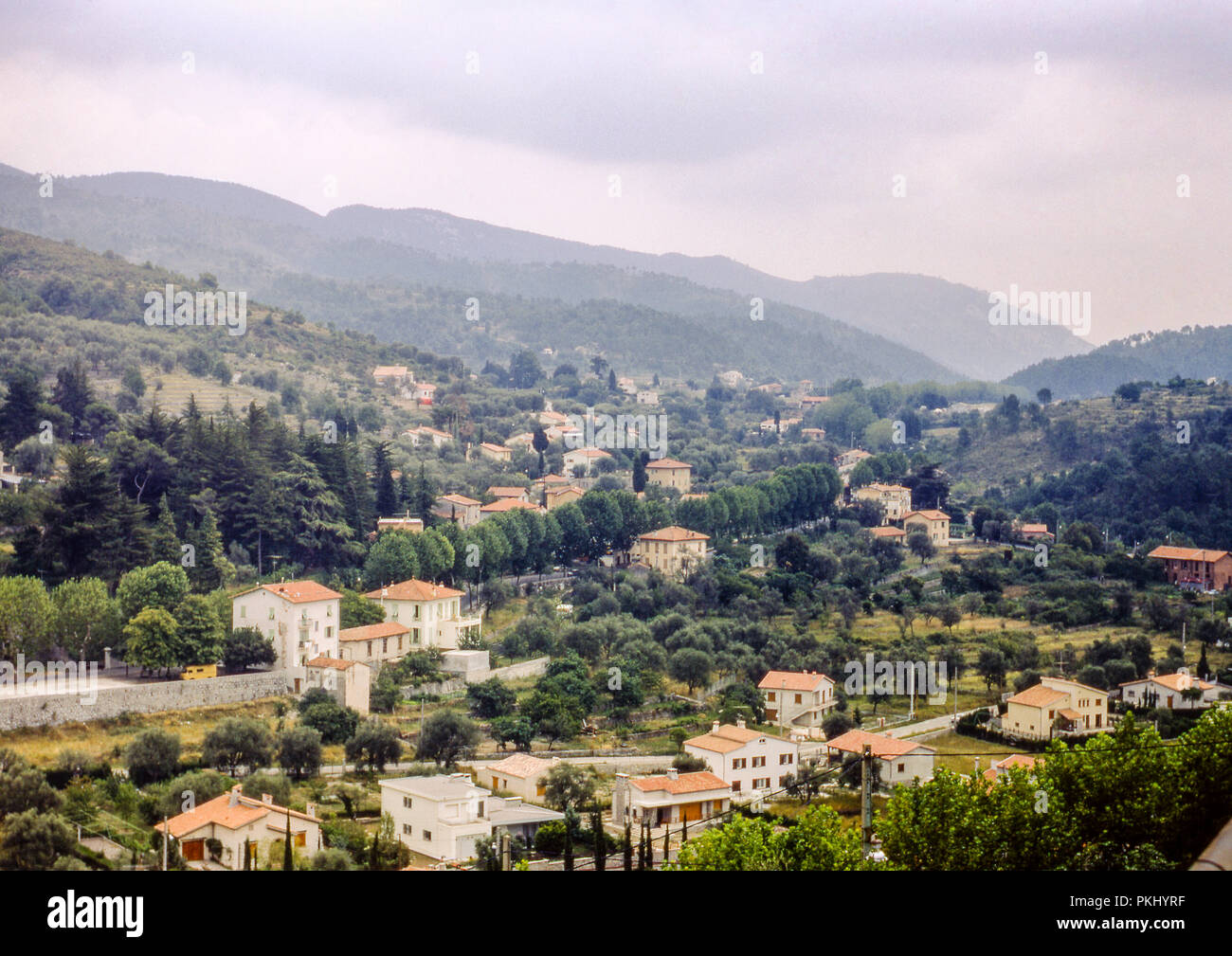 View over the rural French village of Sospel on the Cote d'Azure in September 1971. Original archive image. Stock Photo