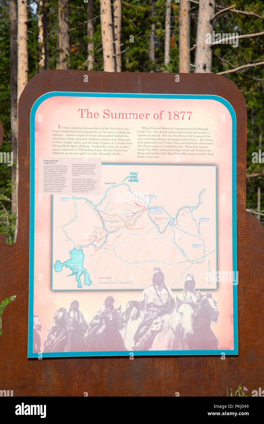 Interpretive board, Nez Perce (Nee-Me-Poo) National Historic Trail, Gallatin National Forest, Beartooth Scenic Byway,  Montana Stock Photo