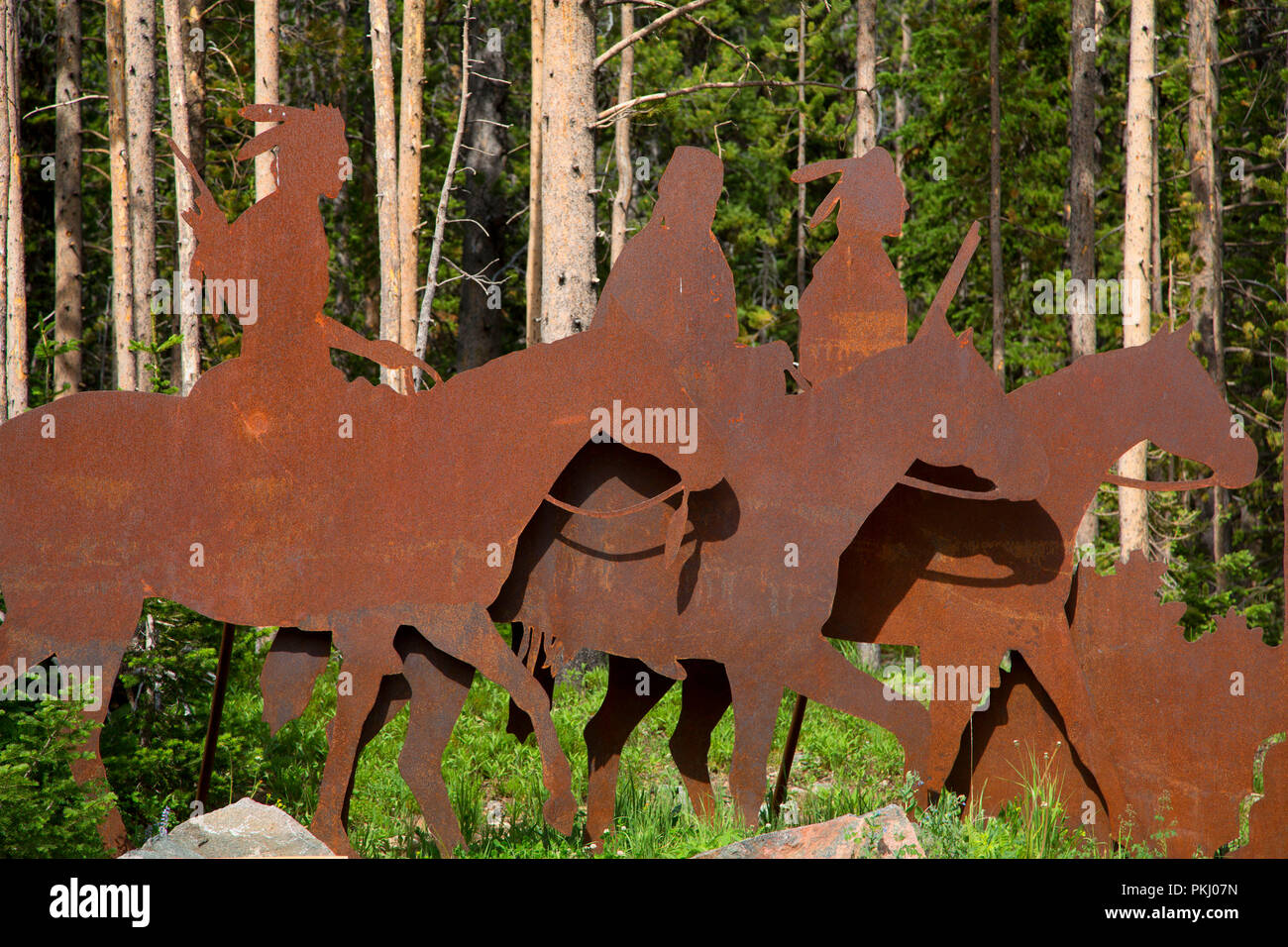Silhouette sculpture, Nez Perce (Nee-Me-Poo) National Historic Trail, Gallatin National Forest, Beartooth Scenic Byway,  Montana Stock Photo