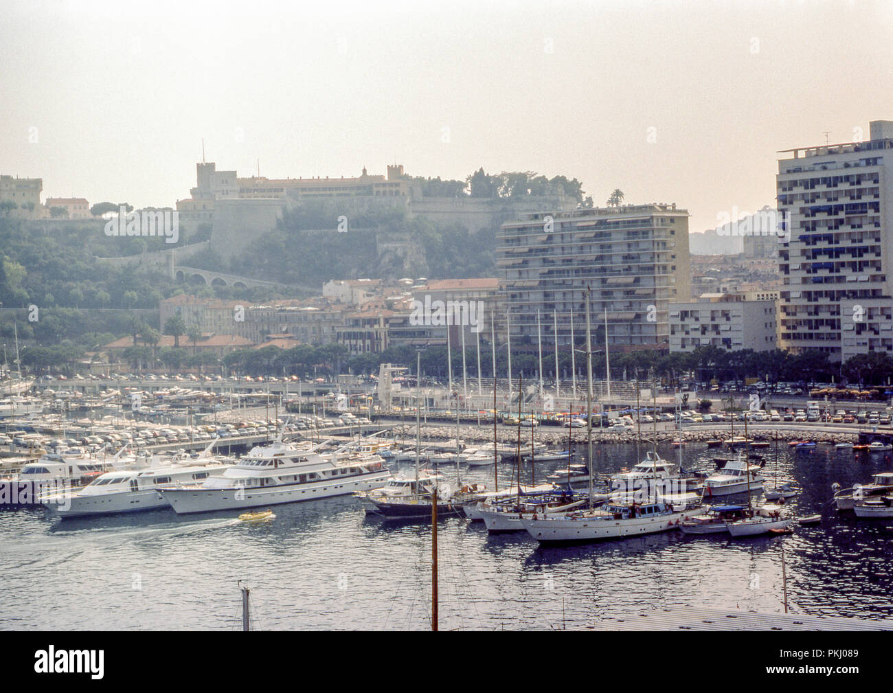 Fontvieille Harbour as seen from a sailing boat in 1976. Original archive image taken in 1976. Stock Photo