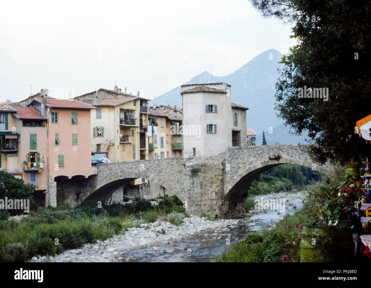 The Old Toll Bridge crossing the River Bevera in Sospel, Provence-Alpes-Côte d'Azur, France. Original archival image taken in September 1971. Stock Photo