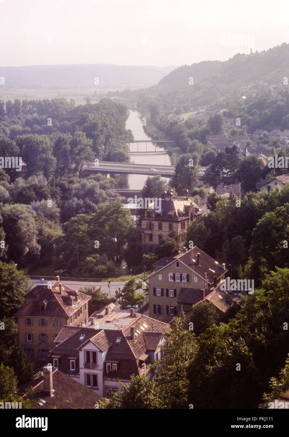 A view of Philosophers Walk from Heidelberg Castle taken in 1975 in 35mm colour slide film. Stock Photo