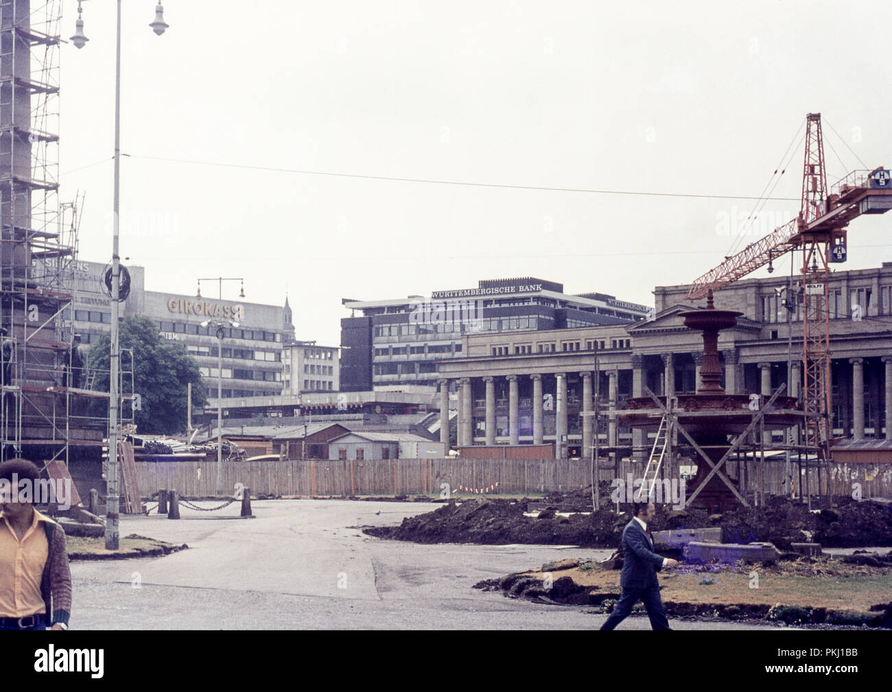 Archive photo taken in 1977 of the renovation of The Schlossplatz in Stuttgart, Germany. The main building which can be seen here is The Königsbau and Fountain. Stock Photo