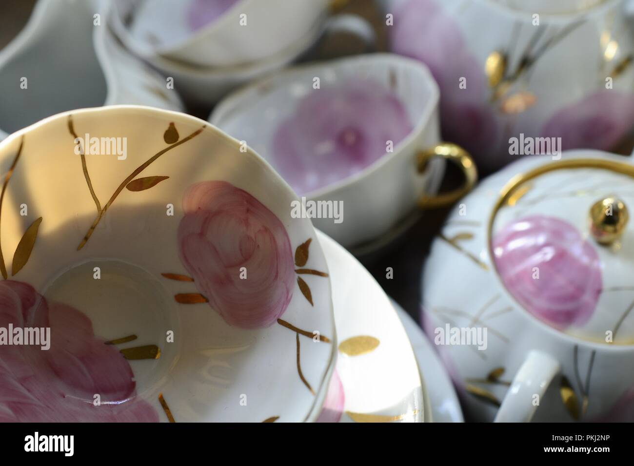 traditional Russian porcelain tea set, flowers and gold Stock Photo