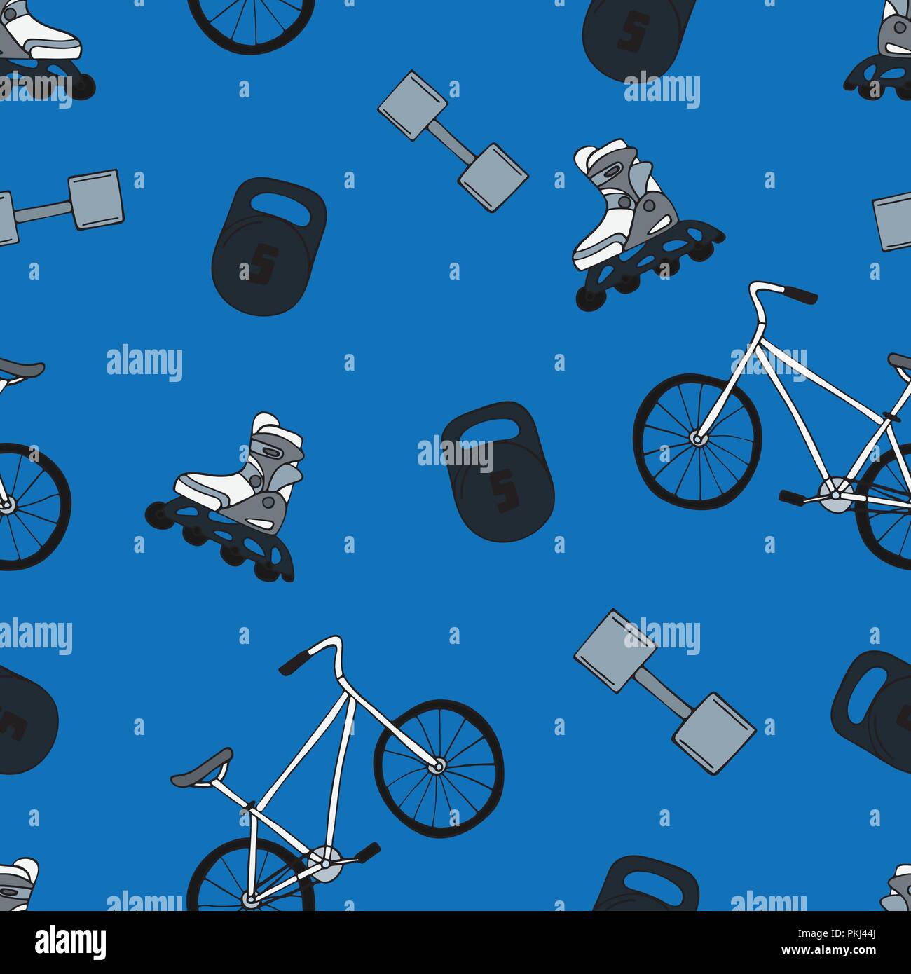 Bright vector seamless pattern with sports objects. Stock Vector