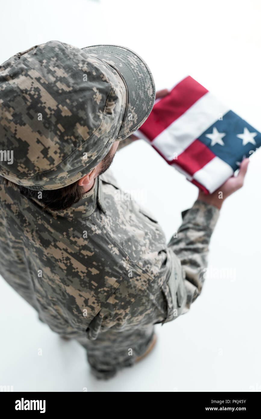 overhead view of male soldier in military uniform with american flag in ...