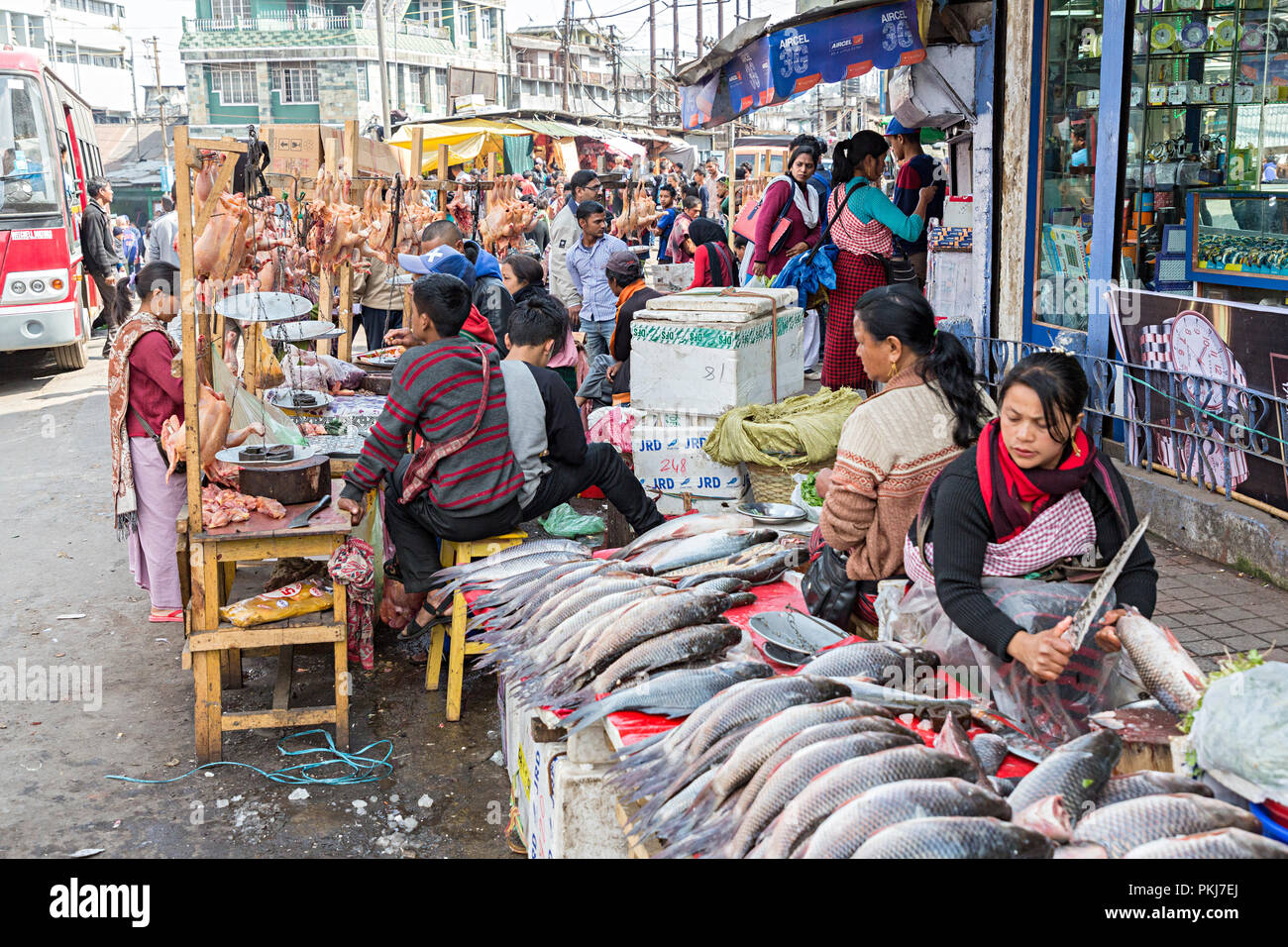 Street market selling fish and meat, Shillong, Meghalaya, India Stock Photo