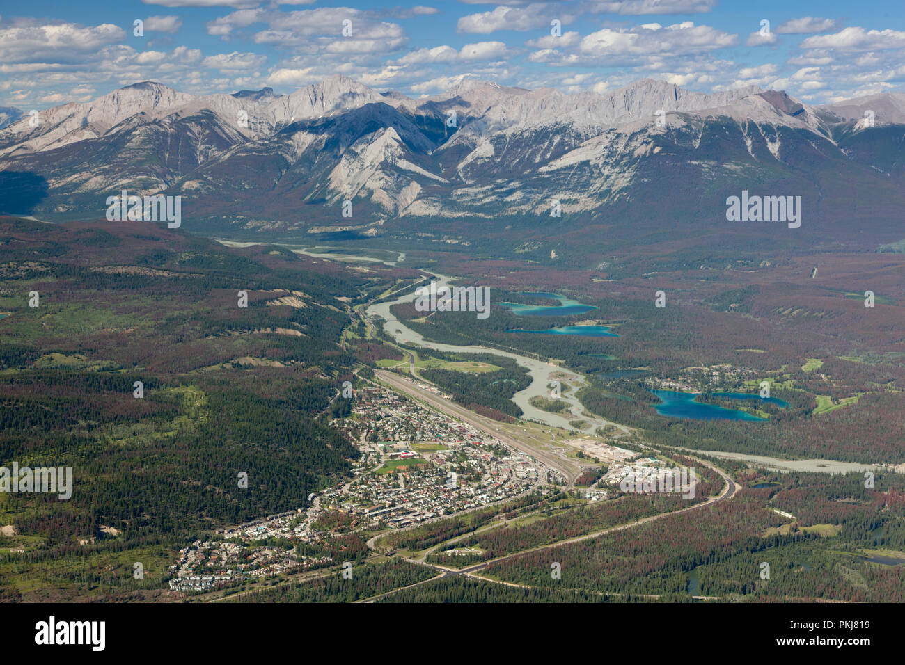 Overlooking the town of Jasper Alberta Canada from tram Stock Photo