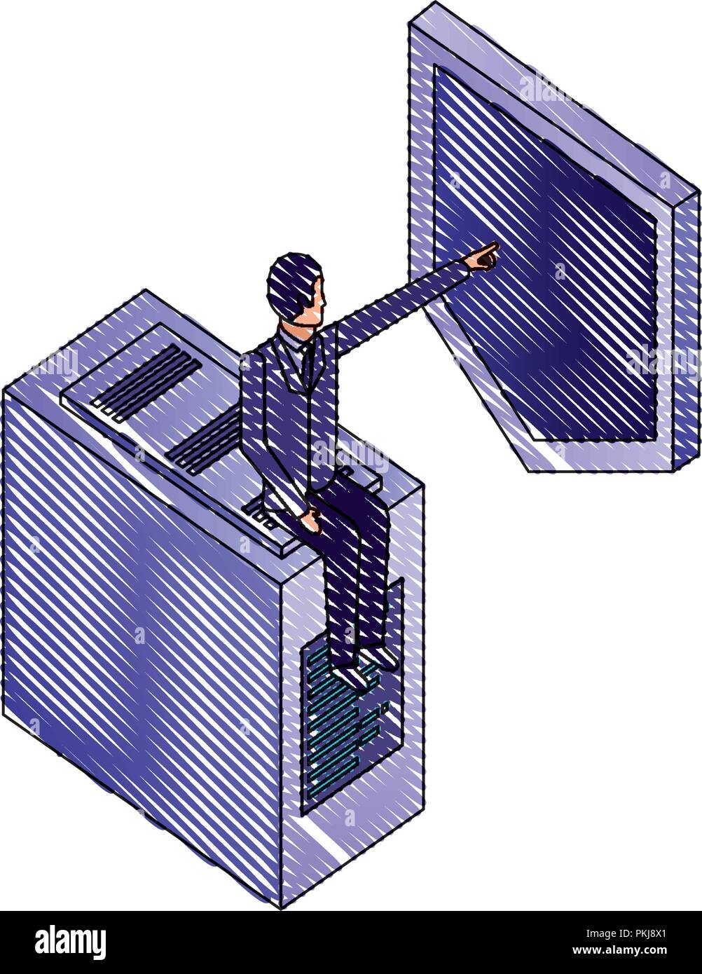 businessman sitting in server data and shield isometric vector illustration design Stock Vector