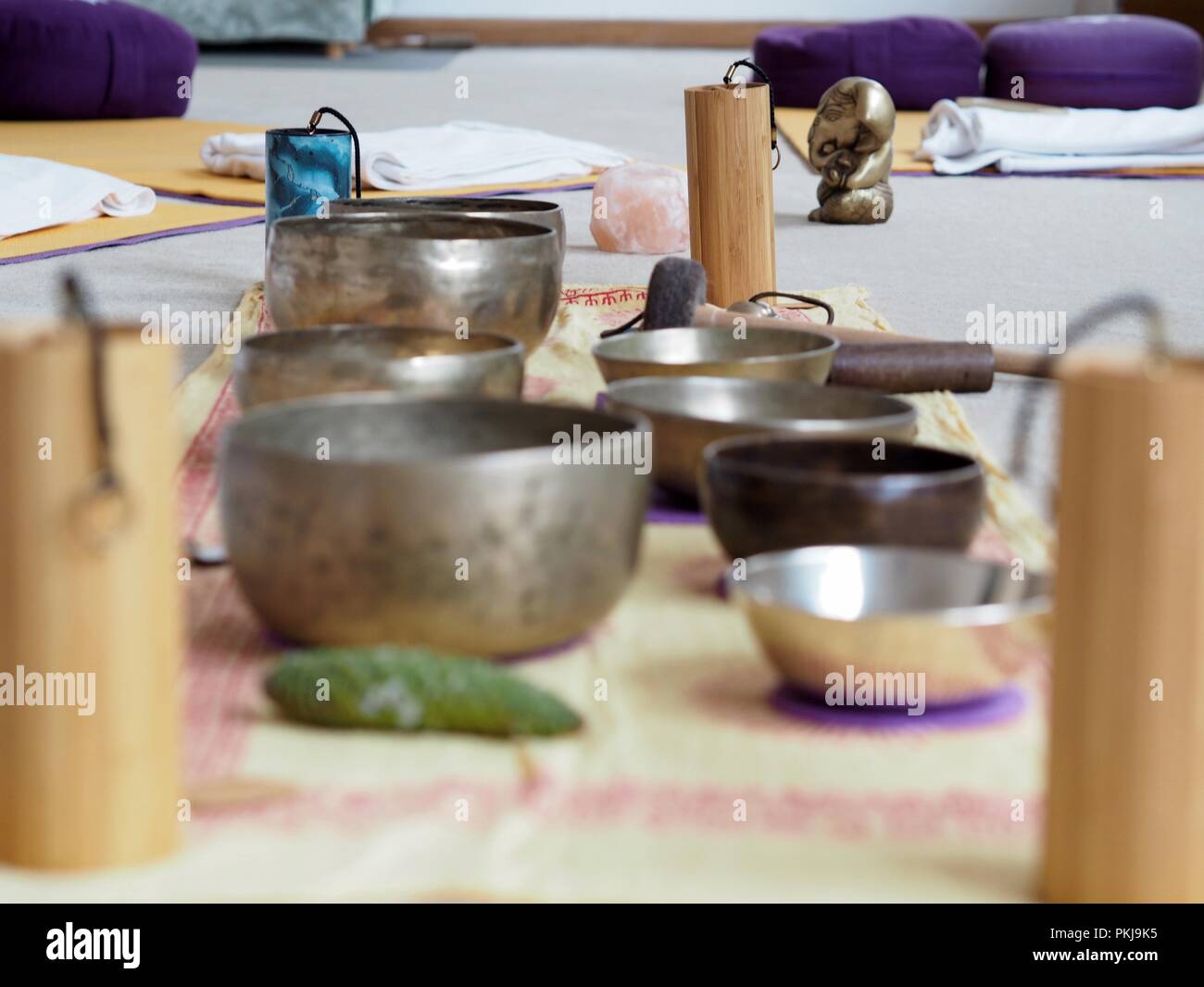 Set up for sound healing with singing bowls and a koshi chime Stock ...